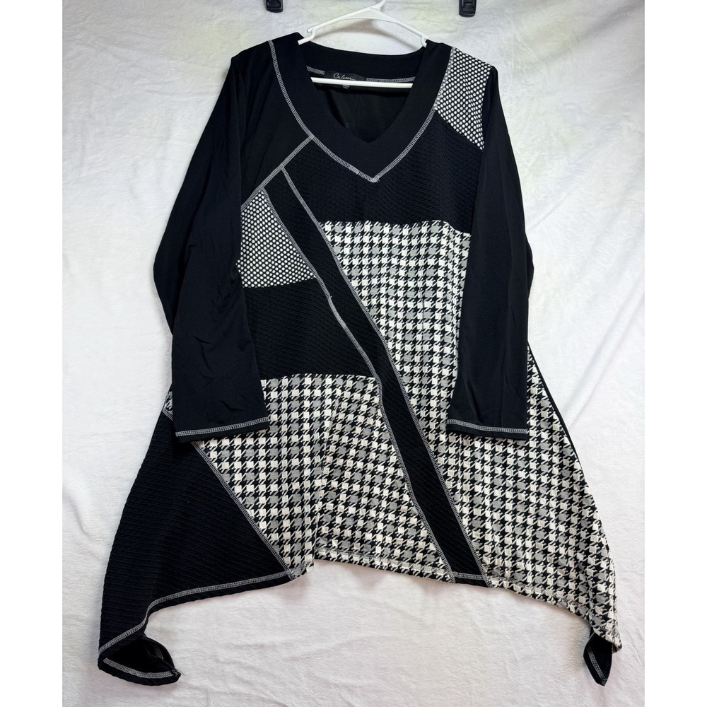 Calessa Women's Tunic Top‎ Sz Lg Black White Patchwork Shark Bite Hem Lagenlook
